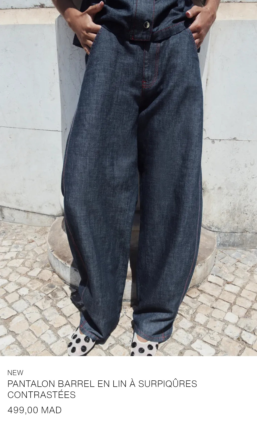 ENSEMBLE GILET  PANTALON BARREL EN LIN À SURPIQÛRES CONTRASTÉES