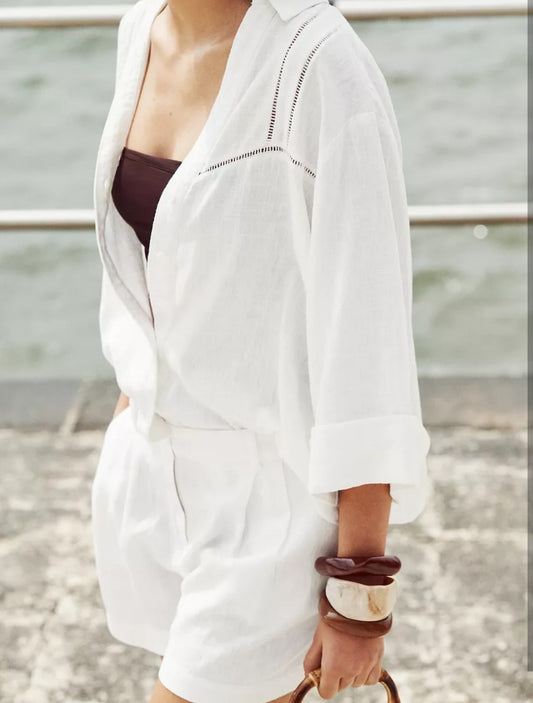 CHEMISE EN LIN AVEC BRODERIE À MANCHES LARGES