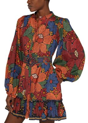 Farm Rio Robe Long-Sleeve Stitched Flowers Mini Sans Ceinture