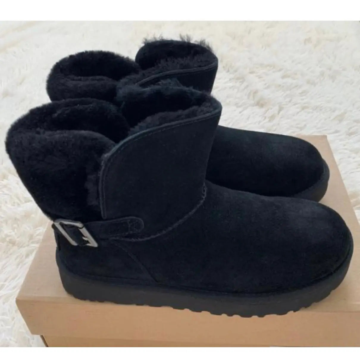 UGG CLASSIC MINI KAREN BUCKLE BLACK SHEEPSKIN BOOT