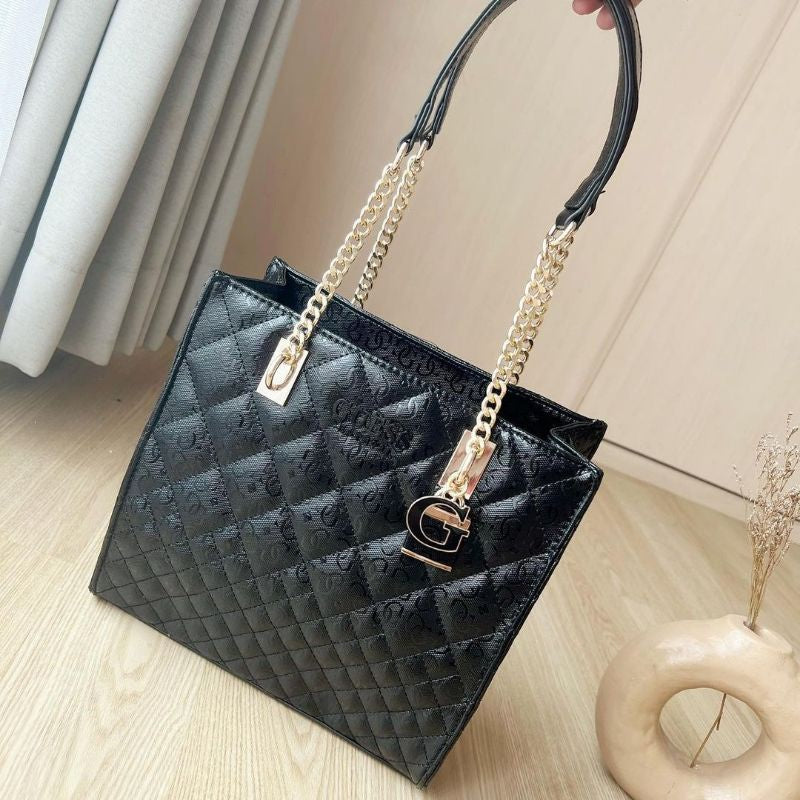 Sac Guess Style Cabas Cuir Brillant Avec Motif Signature Black