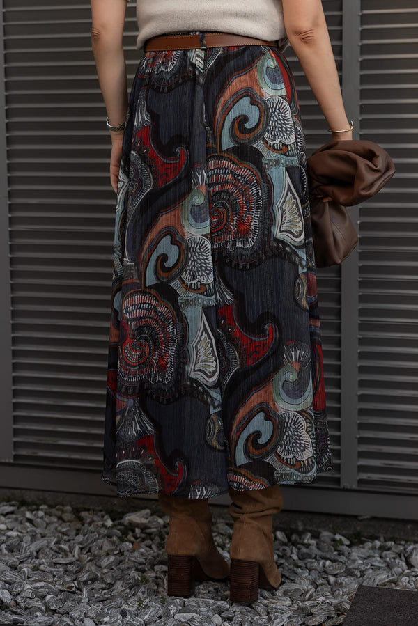 JUPE MI-LONGUE IMPRIMÉE AVEC FIL MÉTALLISÉ ET SANS CEINTURE