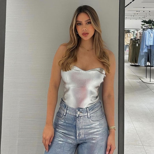 BUSTIER EN MAILLE MÉTALLISÉ ARGENTÉ