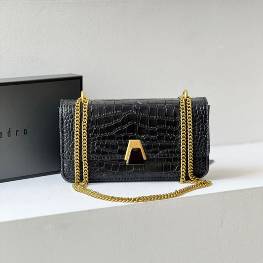 PEDRO Sac Croco Avec Chaîne Convertible - Noir